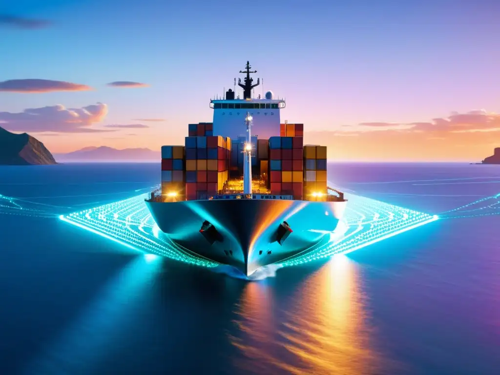 Barco de carga futurista con tecnología blockchain Un barco de carga futurista con tecnología blockchain, deslizándose sobre un océano bajo un vibrante atardecer