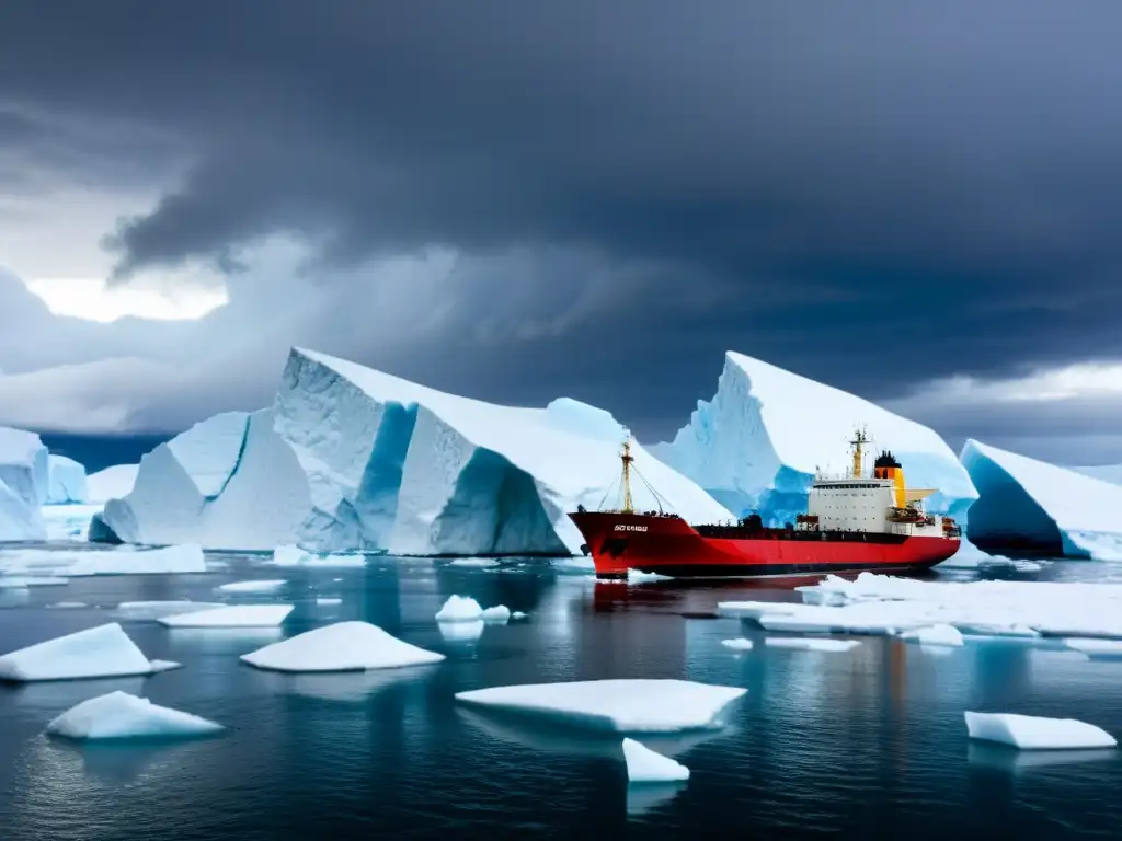 Un barco de carga navega entre icebergs en el Ártico, con un cielo dramático