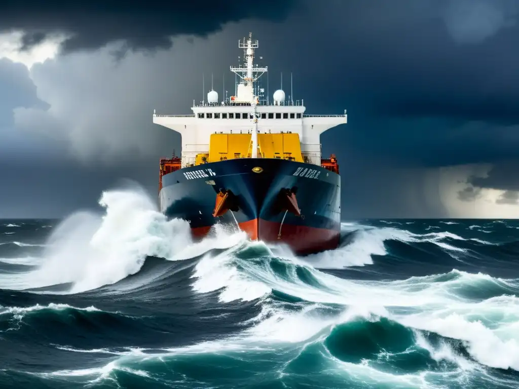 Un barco de carga luchando en medio de tormentosas olas, mientras la tripulación asegura la carga