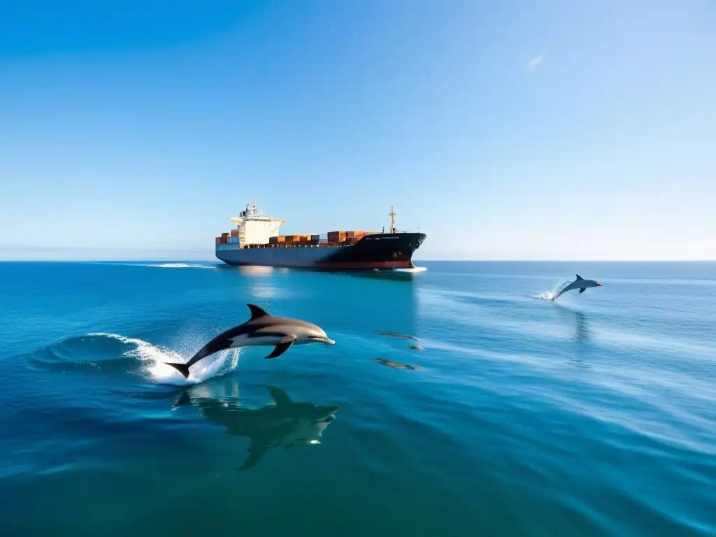 Un barco de carga navegando en un océano cristalino, rodeado de delfines saltando