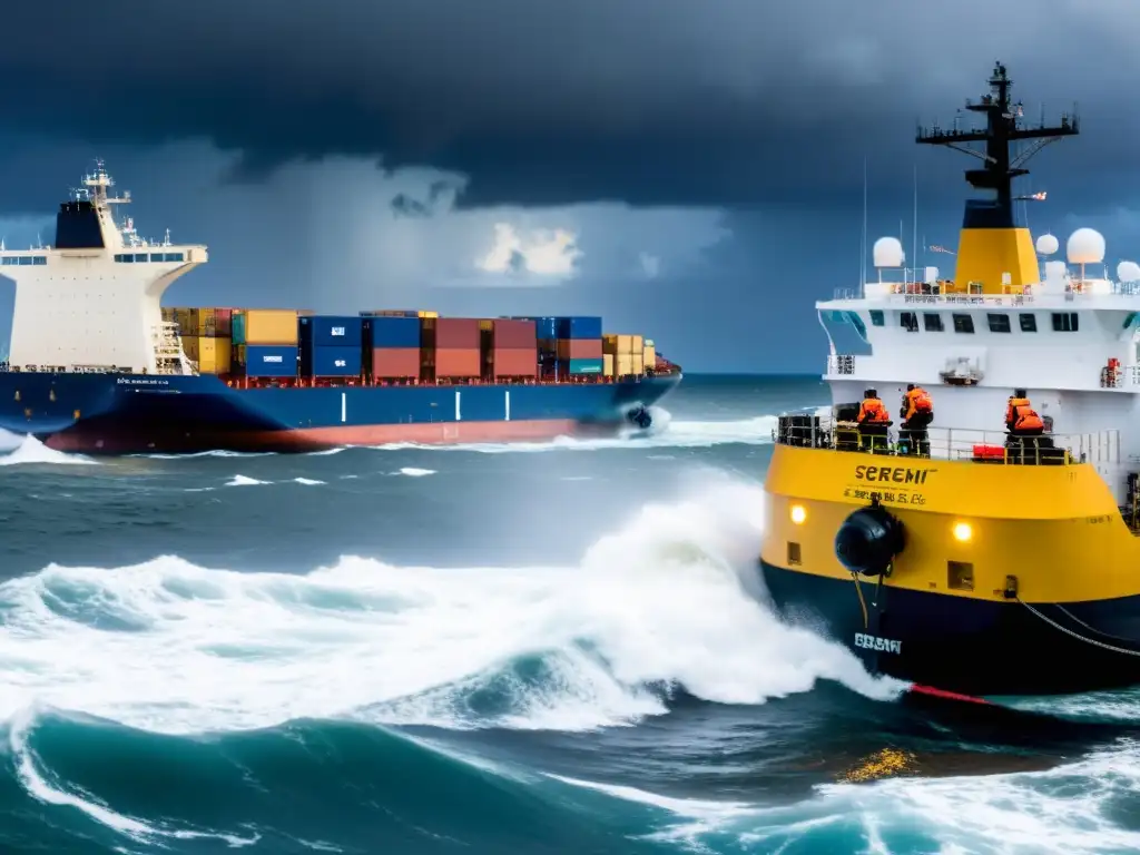 Barco de carga seguro transportando materiales peligrosos en el mar, destacando protocolos seguridad transporte marítimo