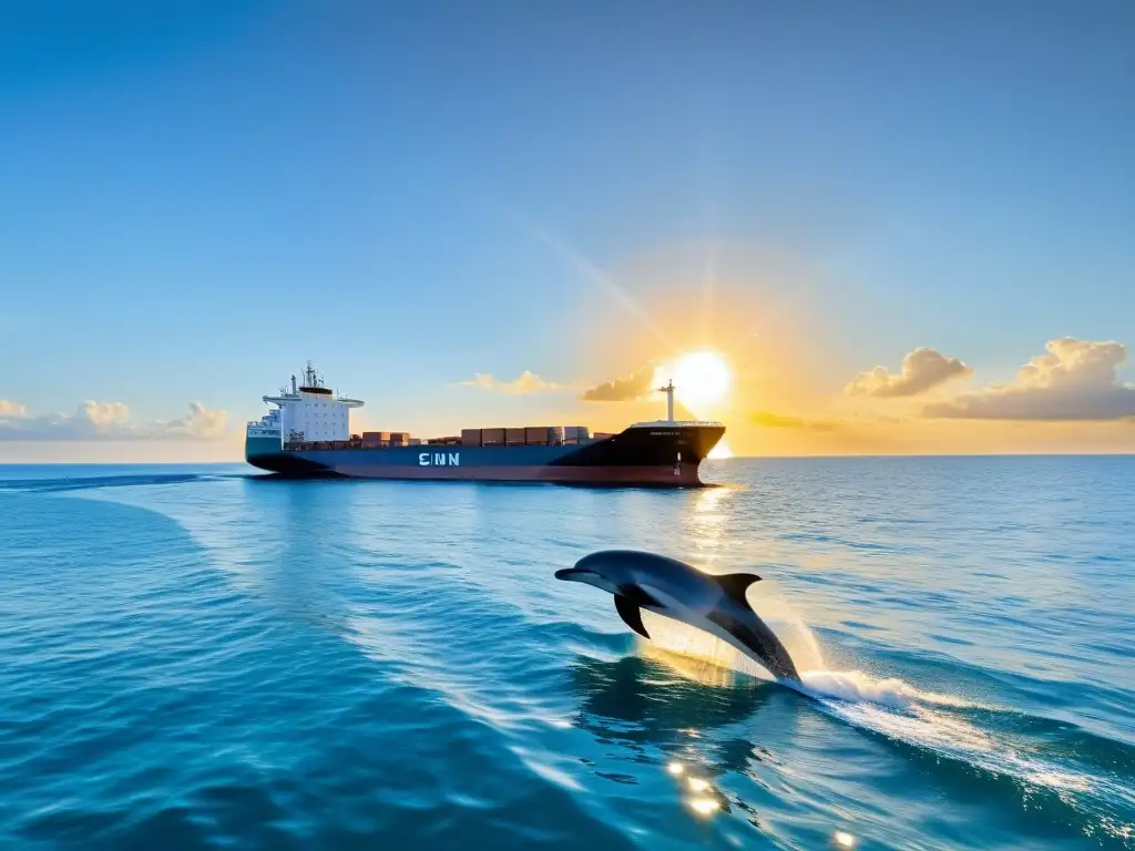 Barco ecológico surcando aguas tranquilas al atardecer, rodeado de delfines