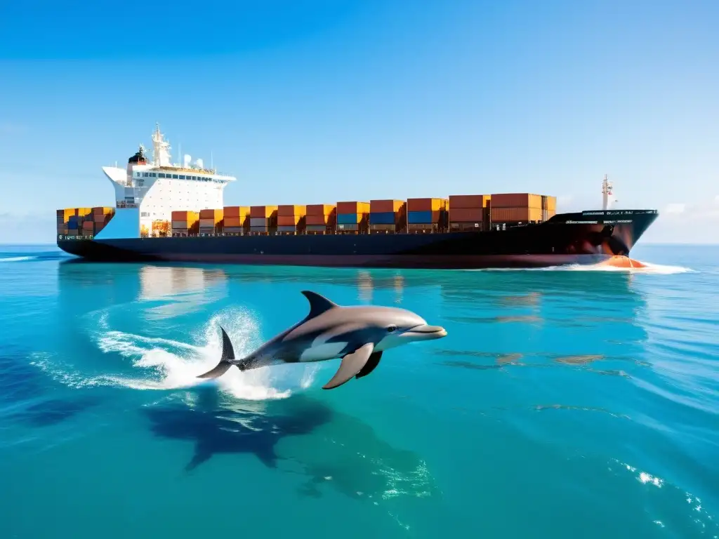 Un barco ecológico navega con armonía con delfines y aves marinas, transmitiendo esperanza para el transporte marítimo sostenible