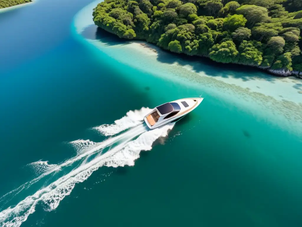 Un barco eléctrico navegando serenamente en aguas cristalinas, rodeado de exuberante naturaleza