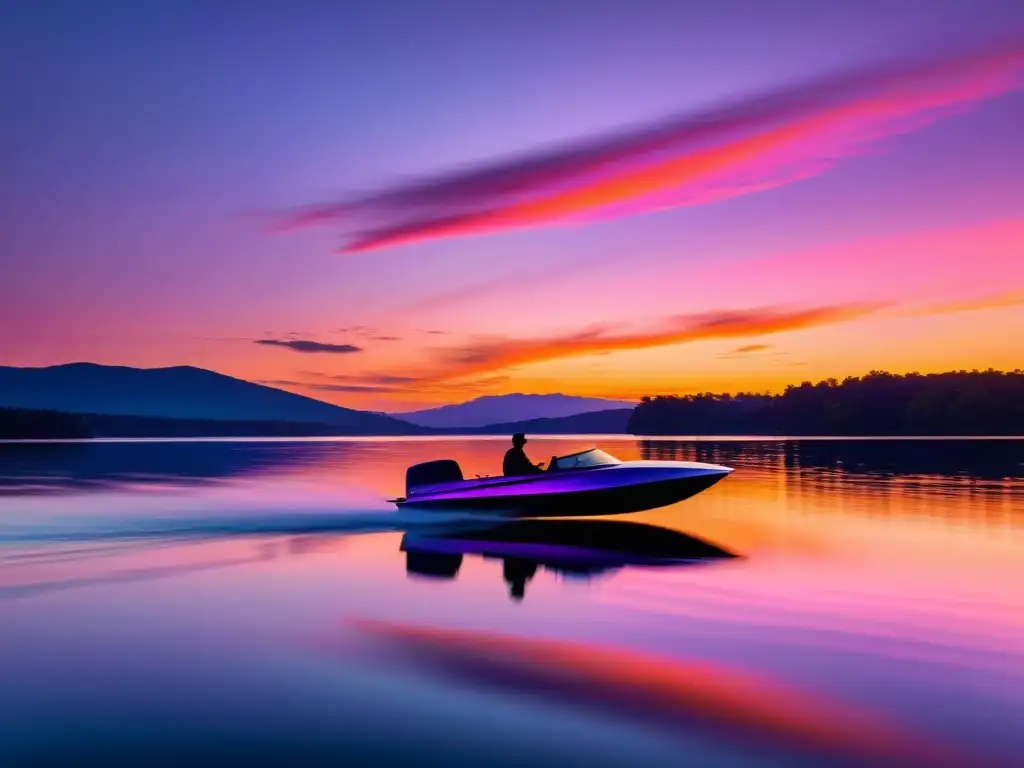 Un barco eléctrico surcando un lago al atardecer, reflejando la armonía con la naturaleza y destinos accesibles en barcos eléctricos