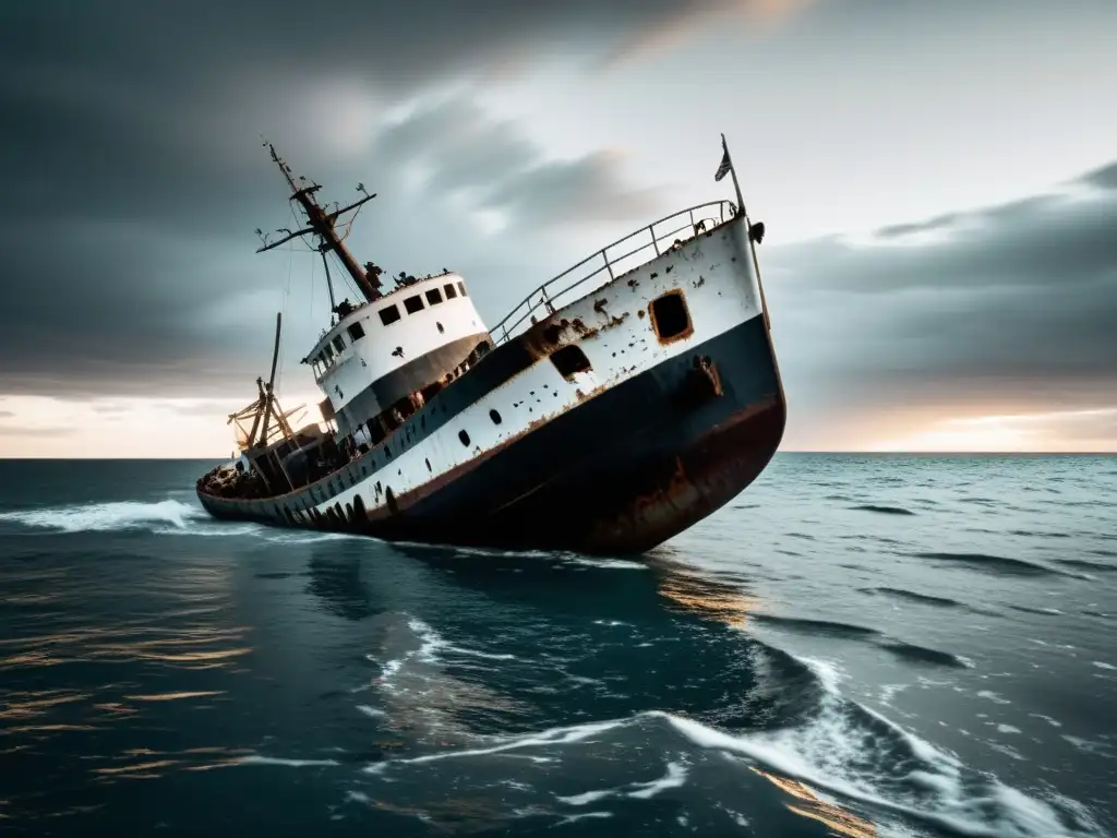 Barco naufragado en el océano, con restos esparcidos en la superficie