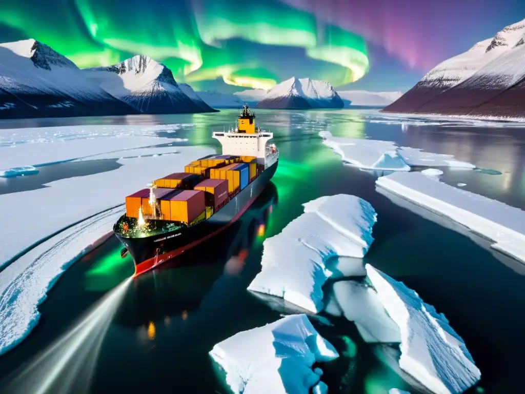 Un barco rompehielos navegando entre montañas nevadas y auroras boreales, simbolizando innovaciones tecnológicas en transporte ártico