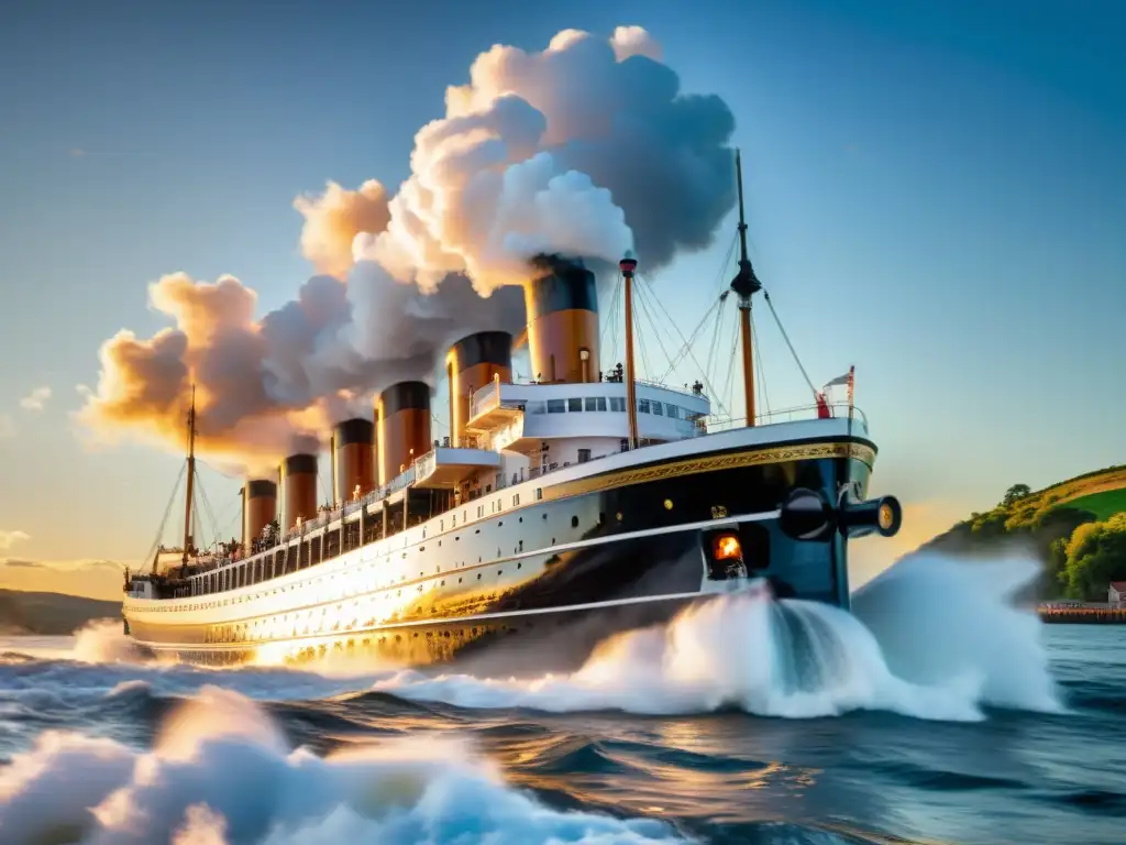 Un barco de vapor histórico surca aguas al atardecer, con vapor blanco saliendo de sus altas chimeneas