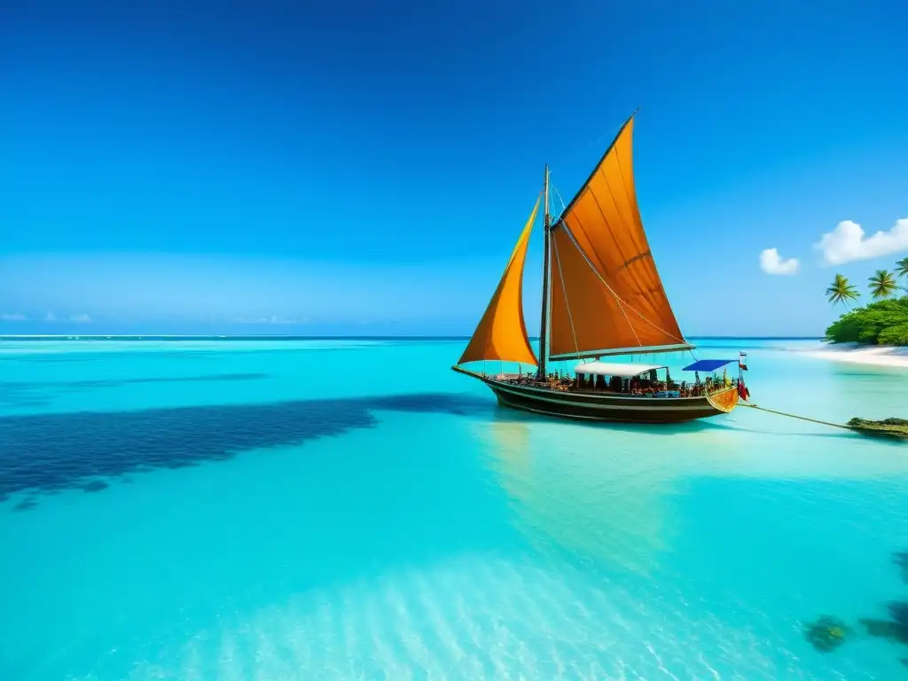 Un barco de vela tradicional navega en aguas cristalinas frente a la costa de Zanzíbar, África