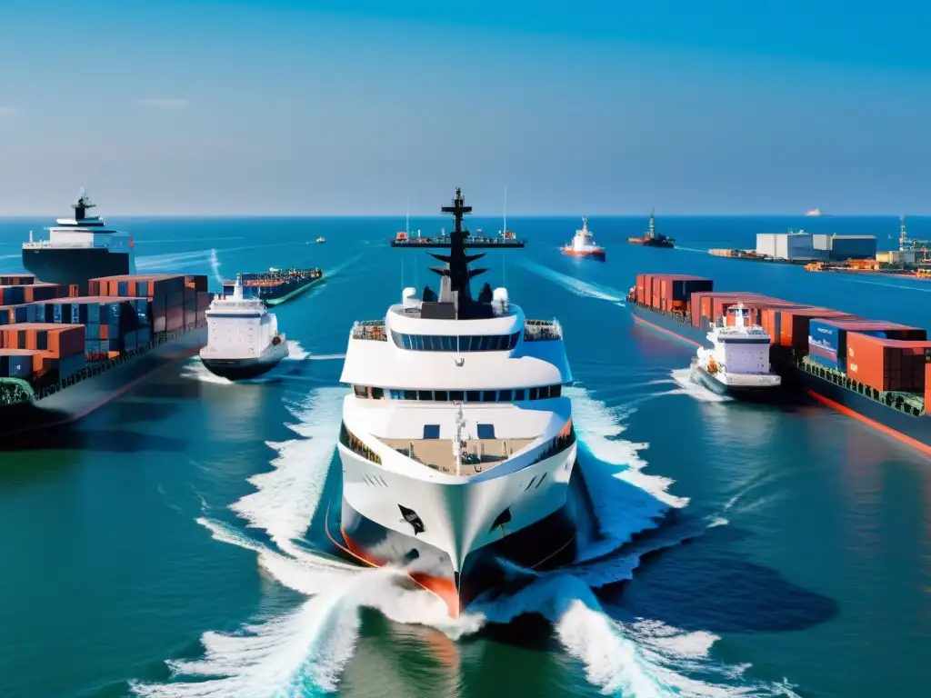 Navegación autónoma en barcos: Una moderna nave autónoma surca un bullicioso puerto, destacando el contraste con los barcos tripulados tradicionales