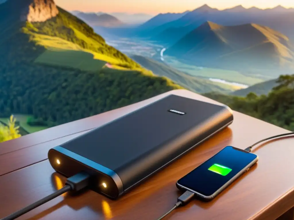 Una batería externa delgada con pantalla digital, cargando un teléfono en una mesa de madera con vista a la montaña al atardecer