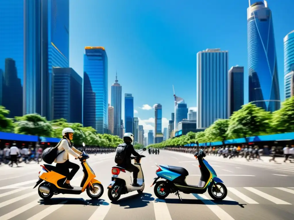 'Beneficios del scooter eléctrico en ciudades: escena urbana llena de actividad, con rascacielos y cielo azul, scooters eléctricos y profesionales