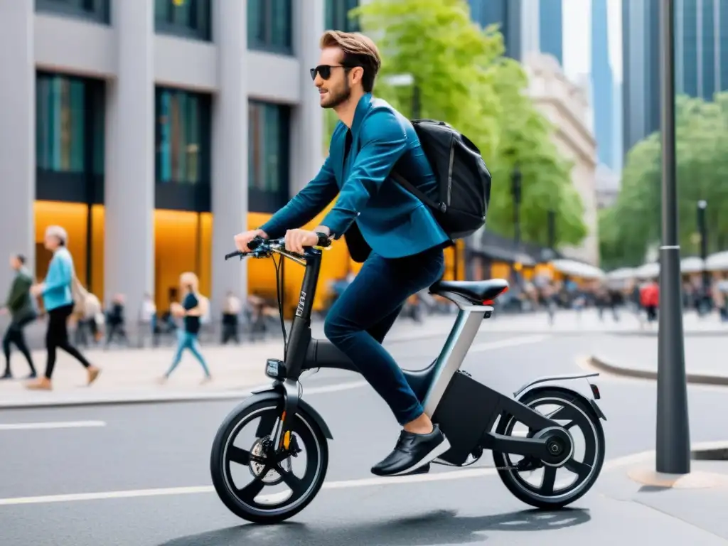 Bicicleta eléctrica plegable en la bulliciosa ciudad, con edificios futuristas y personas