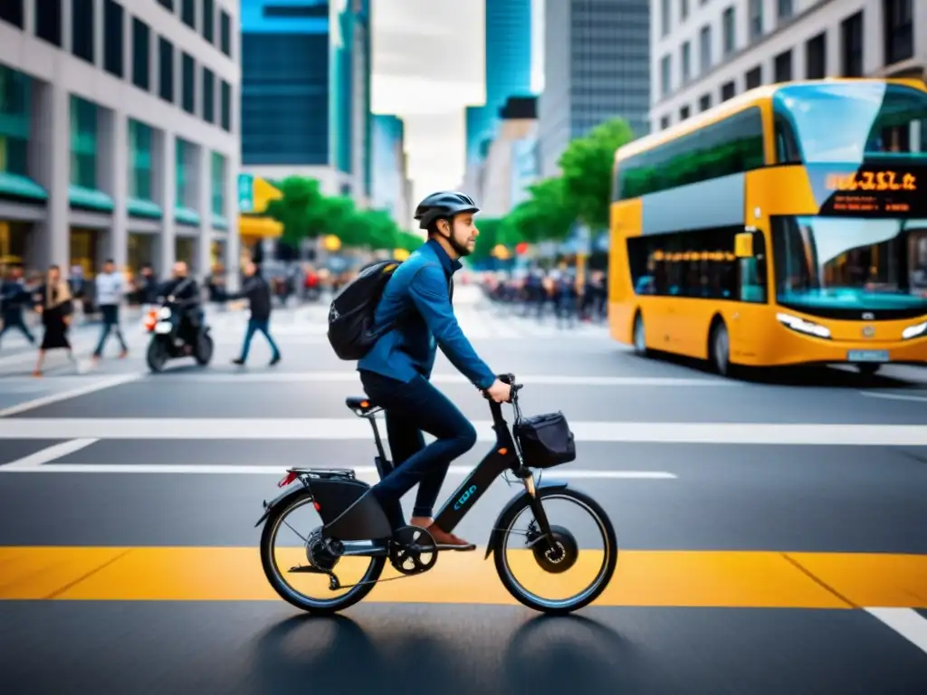 Una bicicleta eléctrica plegable urbana moderna maniobrando entre el bullicio de la ciudad, integrándose perfectamente en el paisaje urbano vibrante