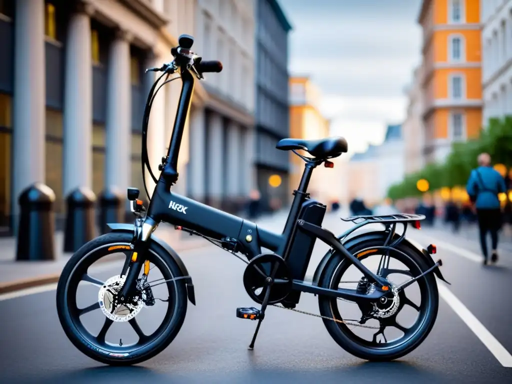 Una bicicleta eléctrica plegable urbana negra mate capturada en pleno plegado en una bulliciosa calle de la ciudad, mostrando innovación y practicidad