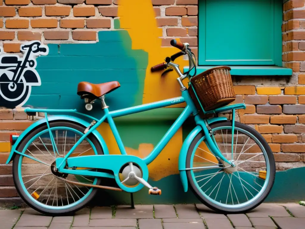 Una bicicleta vintage aparcada contra una pared de ladrillo desgastada, con arte urbano colorido de fondo