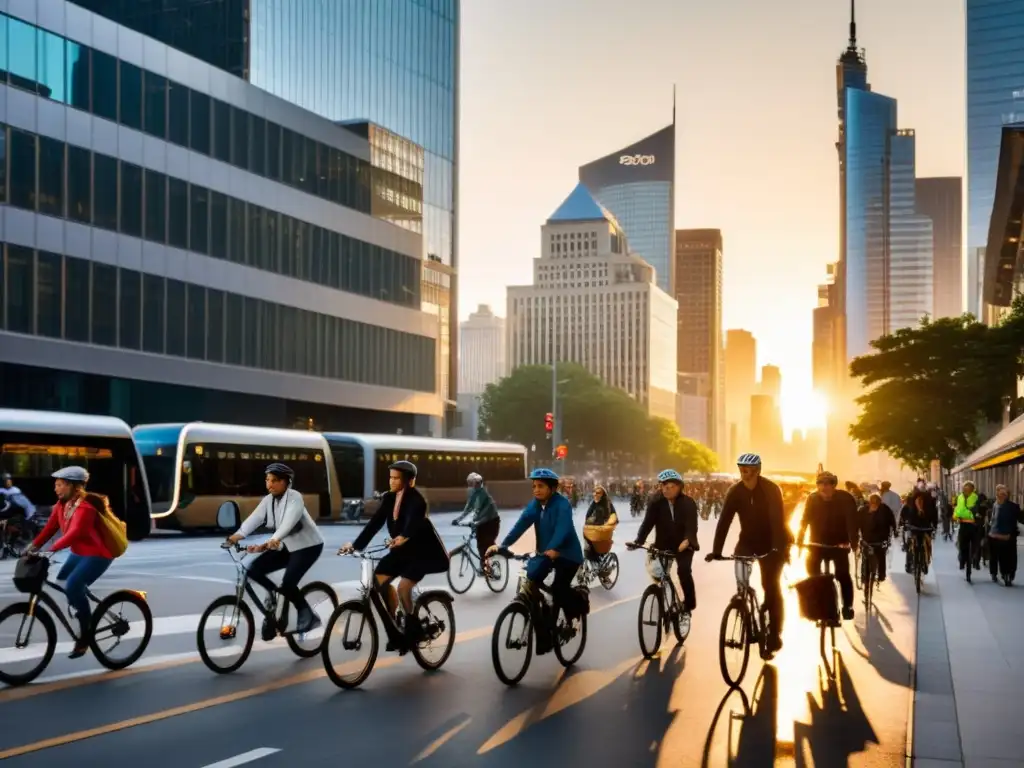 Bicicletas en la ciudad al atardecer, mostrando la vitalidad urbana y los beneficios de la bicicleta en la movilidad urbana