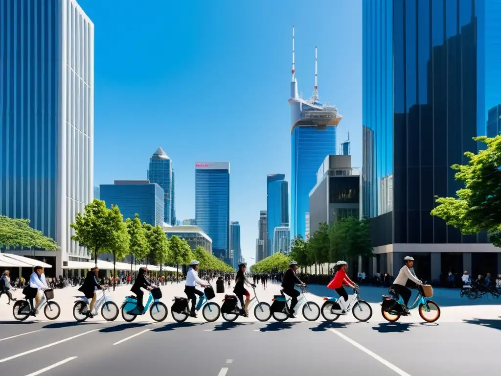 Vibrante ciudad eco: ciclistas en bicicletas eléctricas Bicicletas eléctricas en una bulliciosa calle de la ciudad, reflejando la energía y la diversidad urbana, en la lucha contra el cambio climático