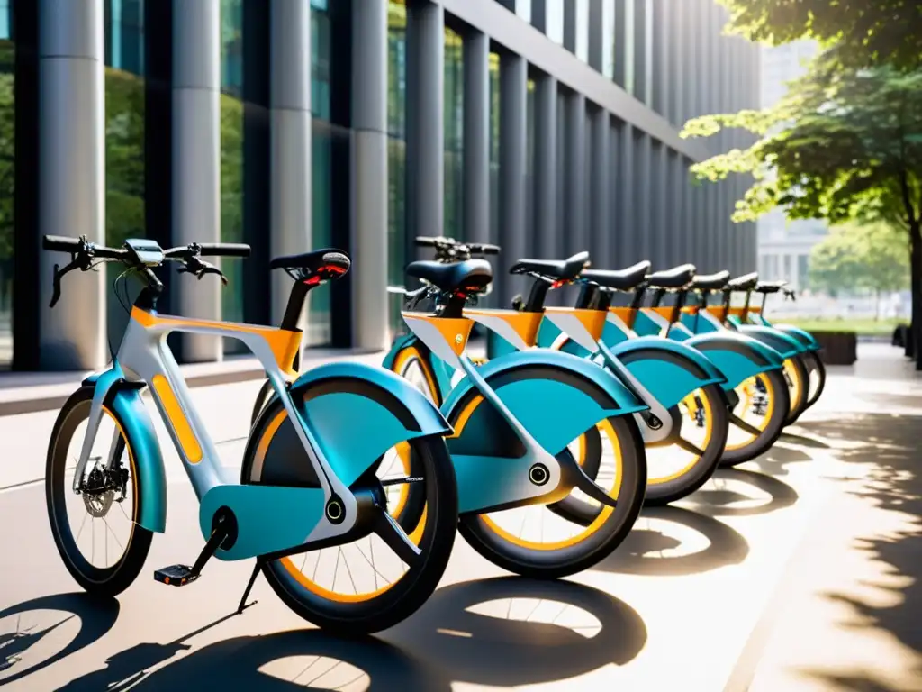 Bicicletas inteligentes sostenibles futuras estacionadas en un entorno urbano moderno, destacando su diseño aerodinámico y tecnología avanzada