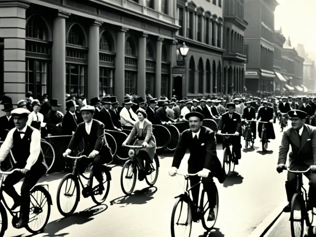 Bicicletas como medio de transporte sostenible en una bulliciosa calle de la ciudad del siglo 20, evocando nostalgia y tiempo