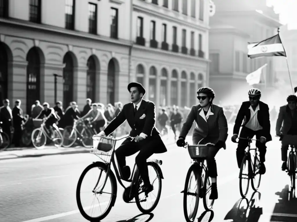 Bicicletas en movimientos sociales: Grupo de ciclistas en ropa vintage pedaleando por la ciudad antigua, ondeando banderas y sombras impactantes