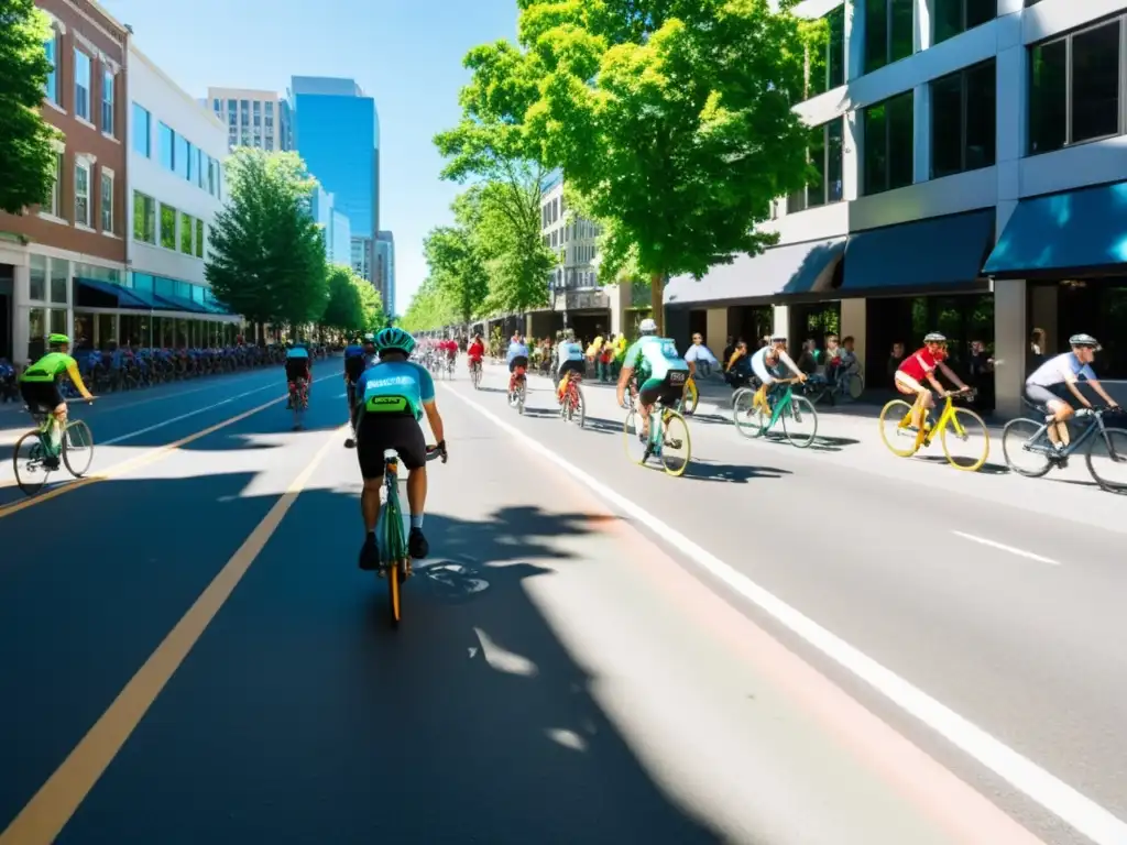 Bicisendas movilidad urbana sostenible: Calle urbana llena de árboles, ciclistas de todas las edades y trasfondo moderno y activo