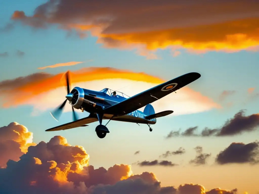 Un biplano vintage planeando en un cielo atardecer con la silueta de un avión comercial moderno