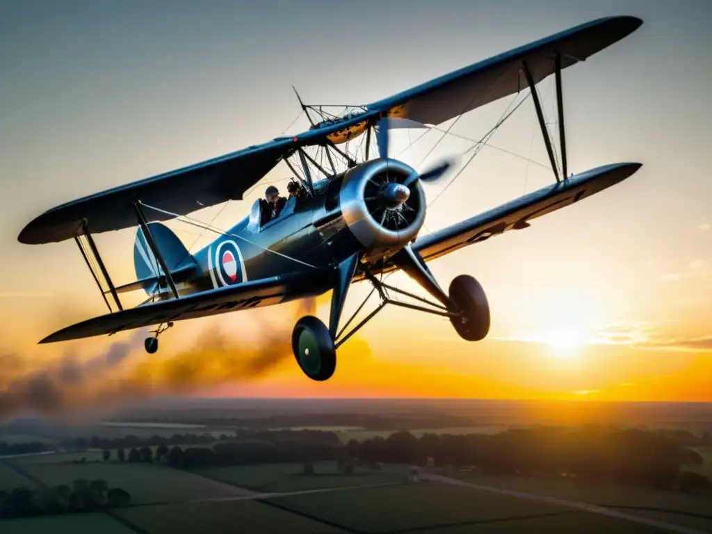 Un biplano vintage surca el cielo al atardecer, evocando nostalgia y asombro por la evolución del transporte aéreo