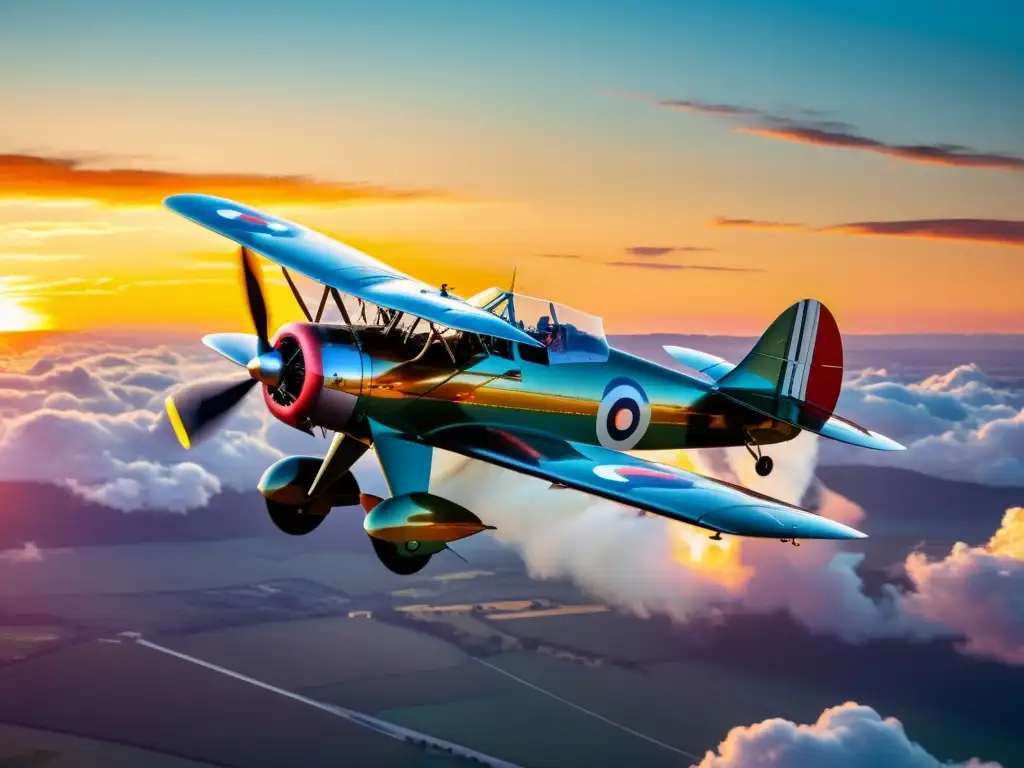 Un biplano vintage surca el cielo al atardecer, reflejando los colores vibrantes en su cuerpo metálico