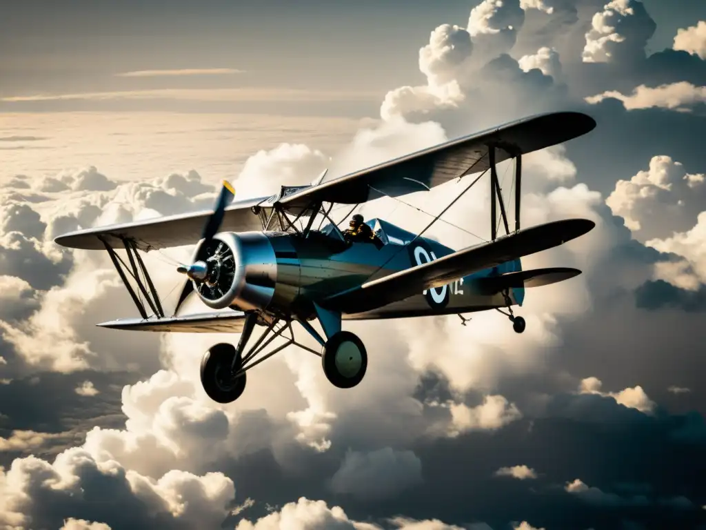 Un biplano vintage vuela entre las nubes, el piloto visible en la cabina