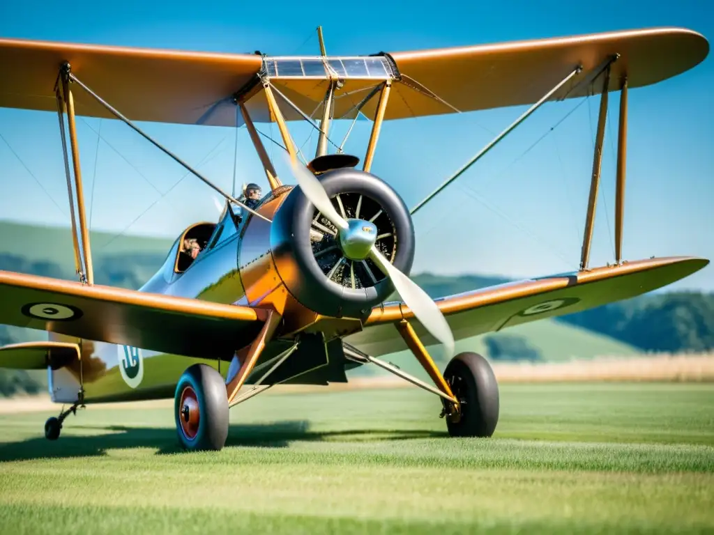 Un biplano vintage despegando de una pista de césped, transmitiendo la emoción y libertad de la aviación privada