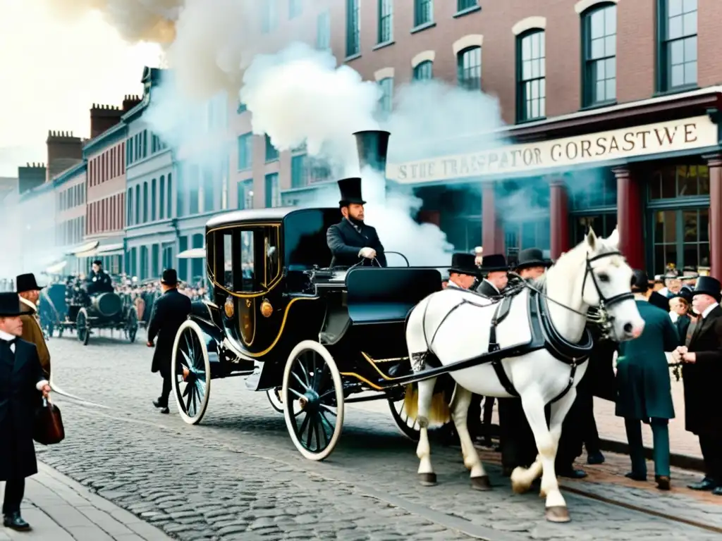 Una fotografía en blanco y negro de una carroza tirada por caballos en una calle empedrada, con una locomotora de vapor al fondo y una multitud vestida con atuendos del siglo XIX