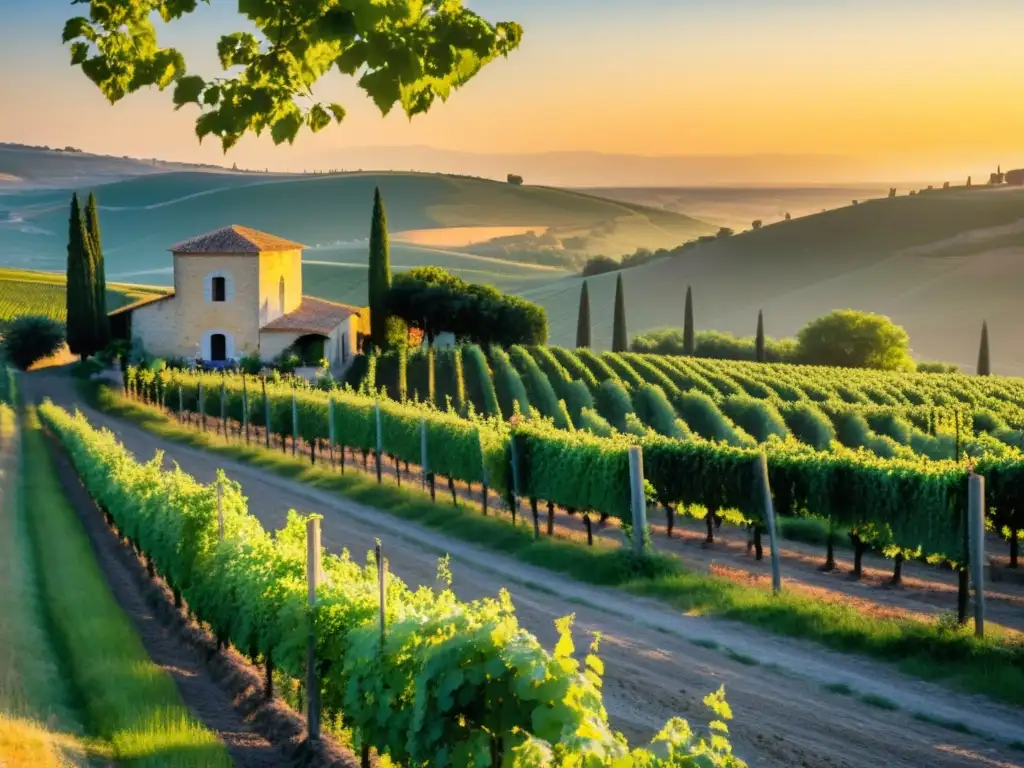 Bodega de vino en viñedo francés al atardecer, con ciclistas en ruta de enoturismo en bicicleta