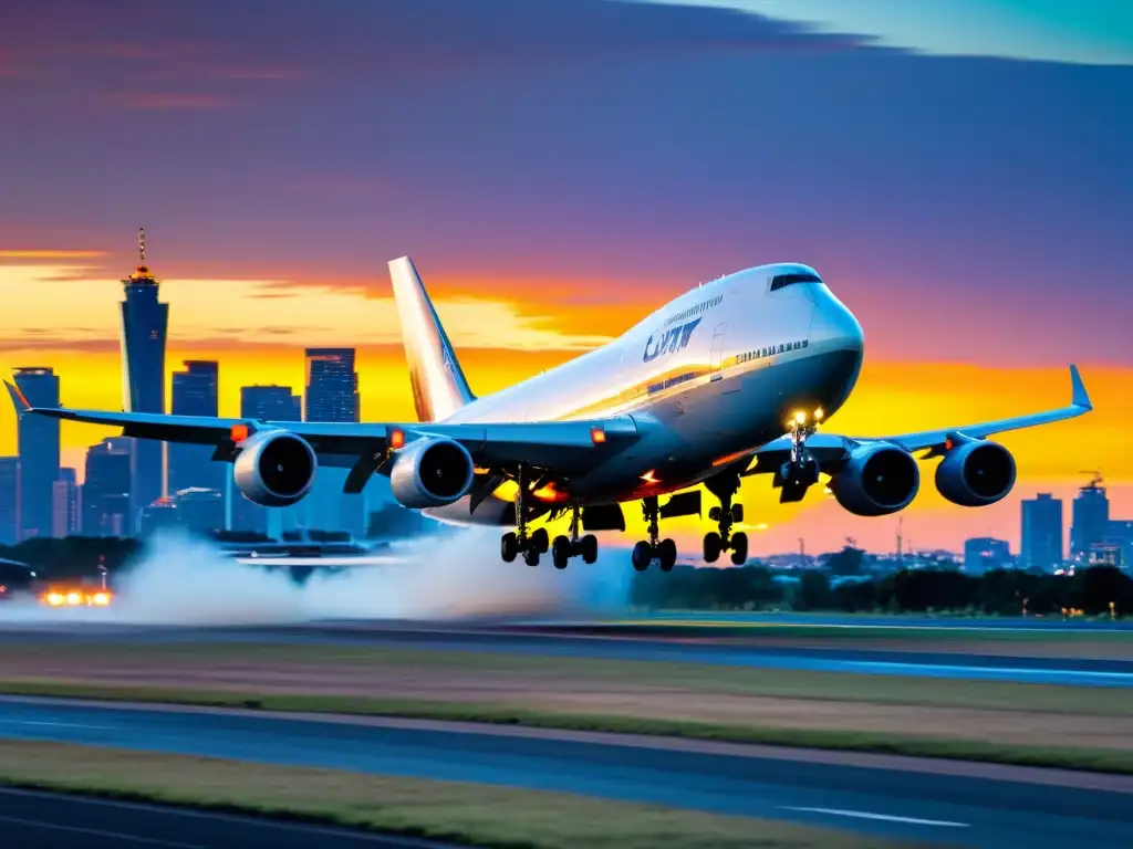 Un Boeing 747 despegando con la silueta de la ciudad al fondo, evocando la evolución en la historia de la aviación