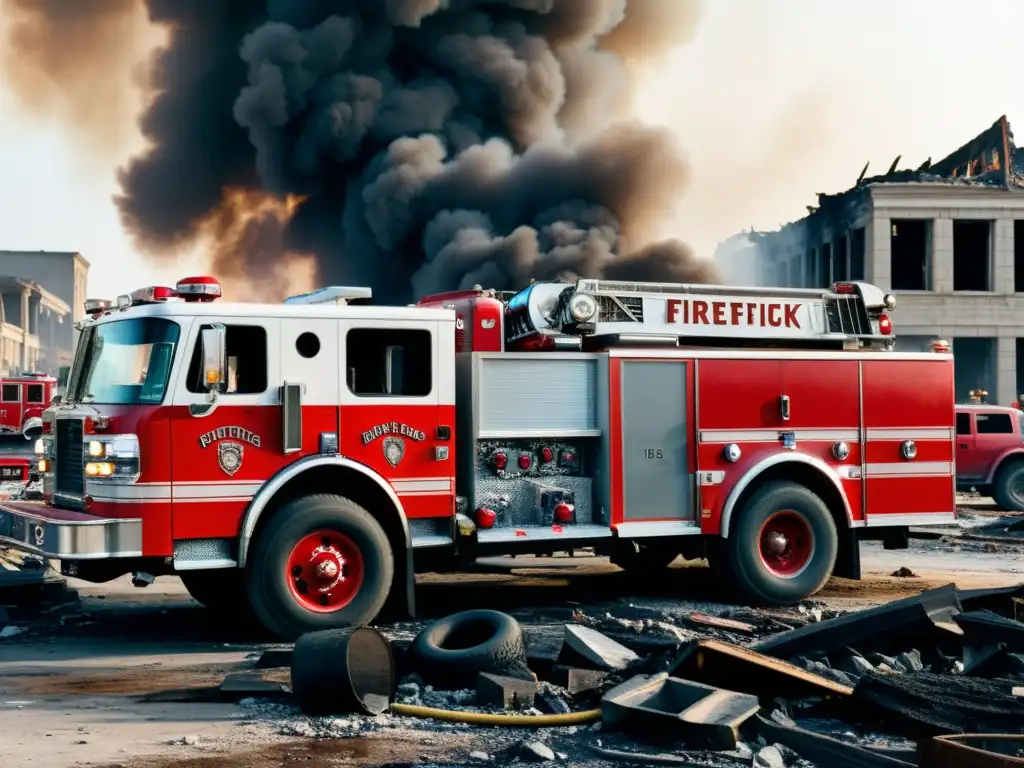 Rescate heroico: Bomberos luchan en ciudad destruida Camión de bomberos desgastado en ciudad destruida por conflicto, con bomberos trabajando entre escombros y fuego, transmitiendo valentía y esperanza