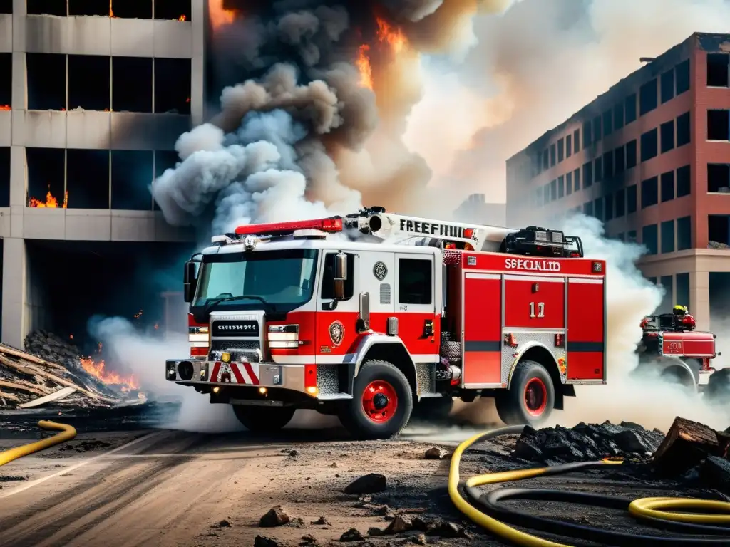 Camión de Rescate Avanzado en Zona de Guerra Camión de bomberos especializado en zona de conflicto, con humo y escombros de fondo, muestra su capacidad de respuesta en situaciones desafiantes