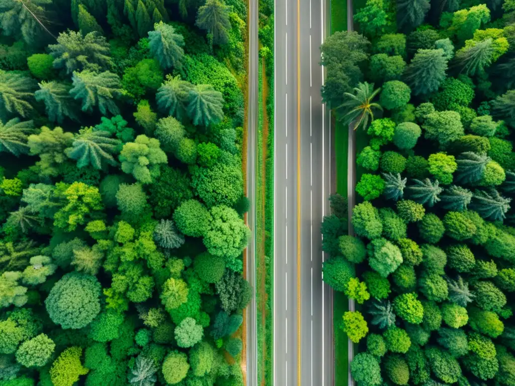 Un bosque exuberante dividido por una autopista, simbolizando la influencia de las autopistas en la biodiversidad