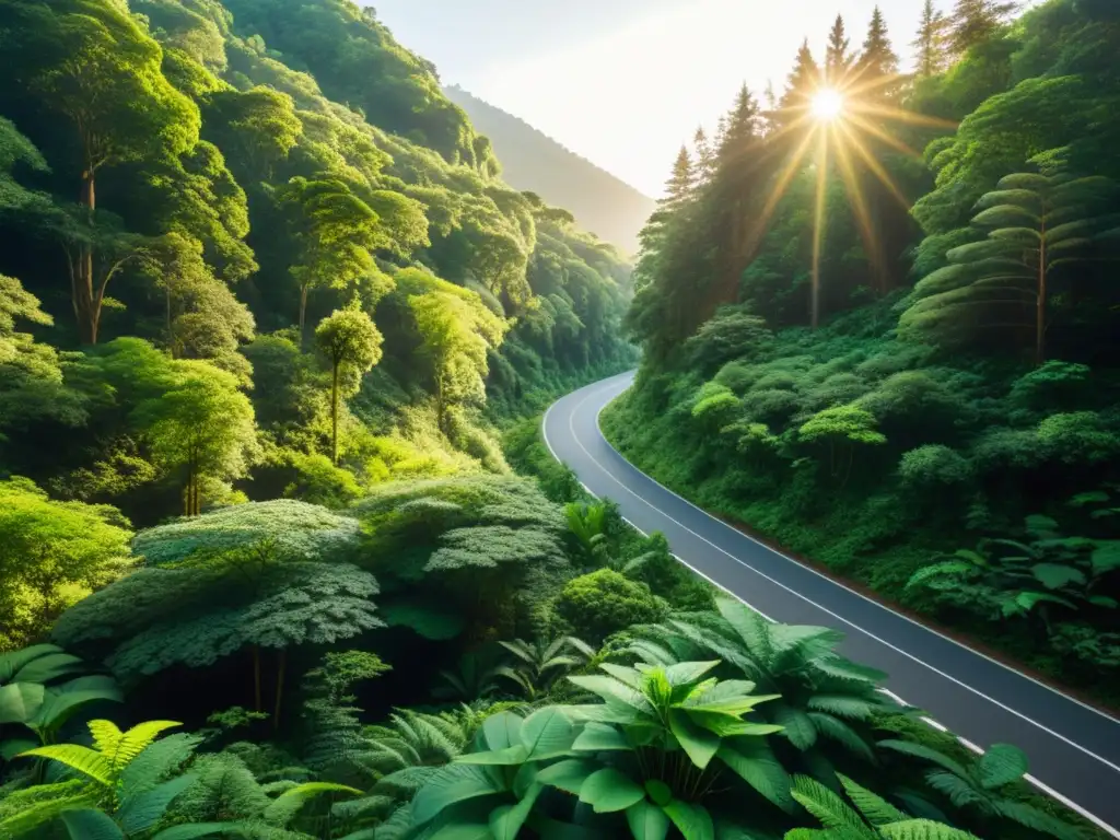 Un bosque exuberante con rayos de sol entre el dosel resaltando la vegetación vibrante y diversa