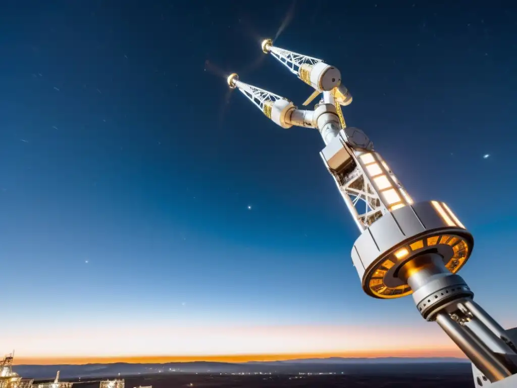 Un brazo robótico detallado se extiende hacia una estación espacial futurista en construcción, en el fondo, la Tierra destaca en el espacio