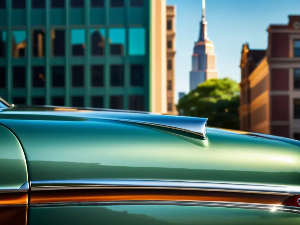 El brillo del sol resalta el impecable capó de un coche clásico, reflejando la bulliciosa ciudad