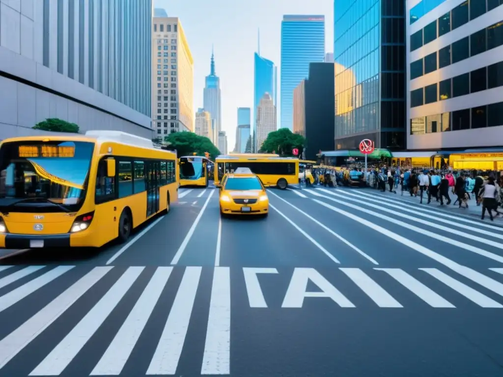 El bullicio de una calle de la ciudad durante la hora pico, con buses, taxis y vehículos de ride sharing compitiendo por espacio