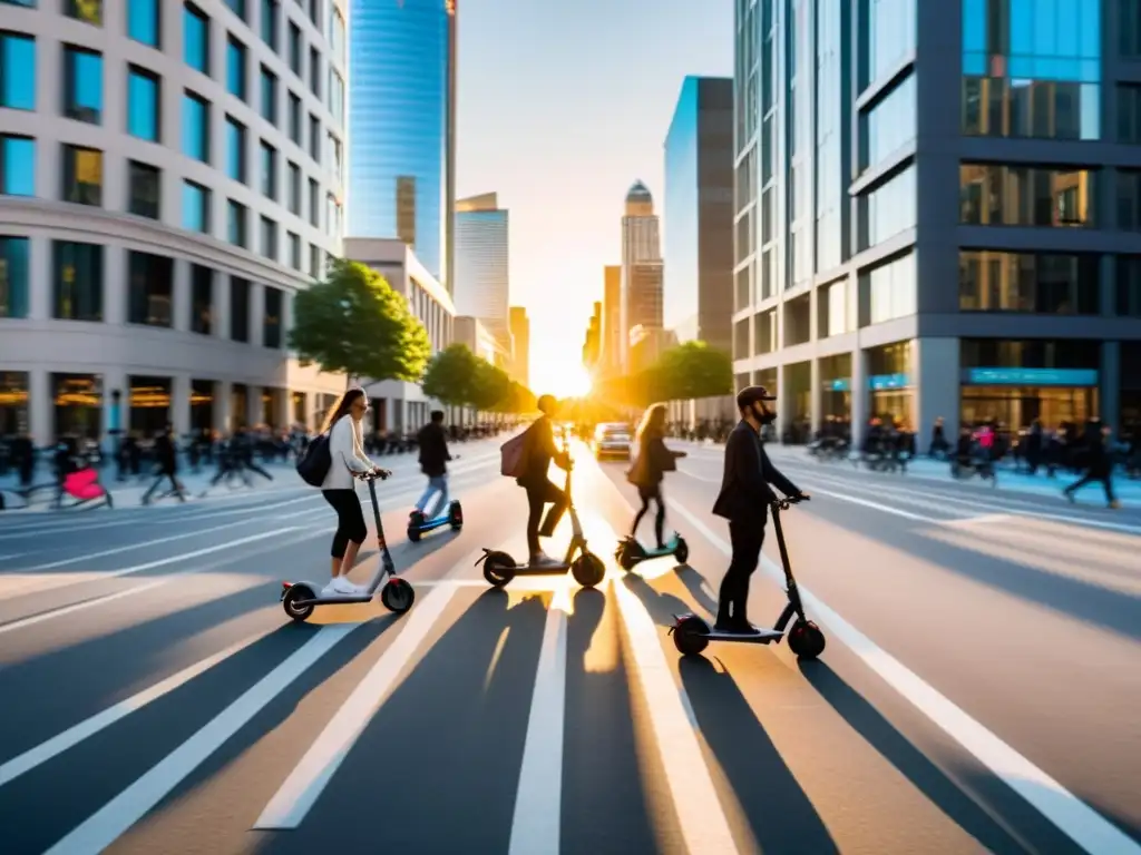 El bullicio de la ciudad al atardecer, con scooters y bicicletas modernas entre edificios altos