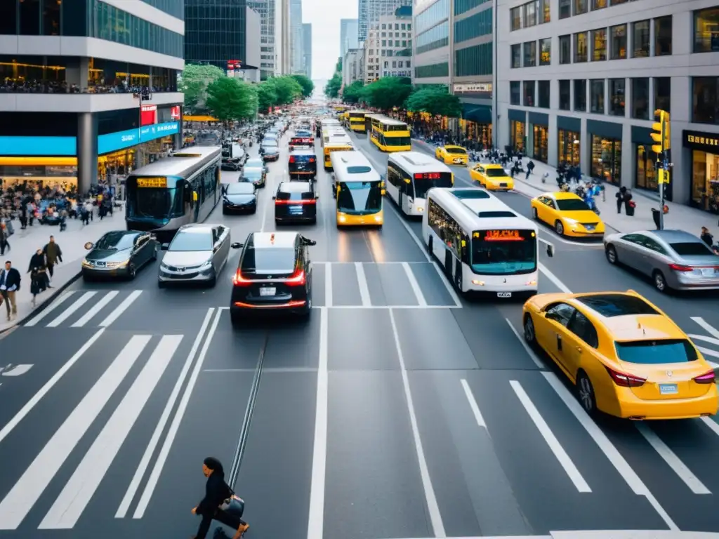 El bullicio de la ciudad: coches, autobuses y bicicletas circulan mientras la gente camina por las aceras