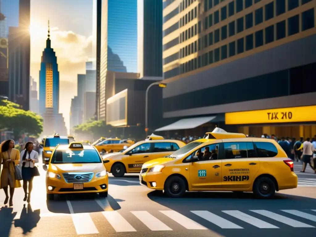 Escena urbana: taxis amarillos y ridesharing en la ciudad El bullicio de la ciudad refleja el impacto del ride sharing en ciudades, con taxis y vehículos modernos entre rascacielos