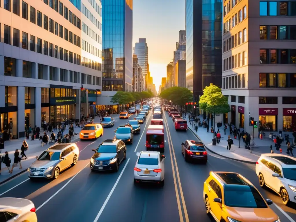 El bullicio de una ciudad urbana al atardecer, con autos, autobuses, ciclistas y peatones