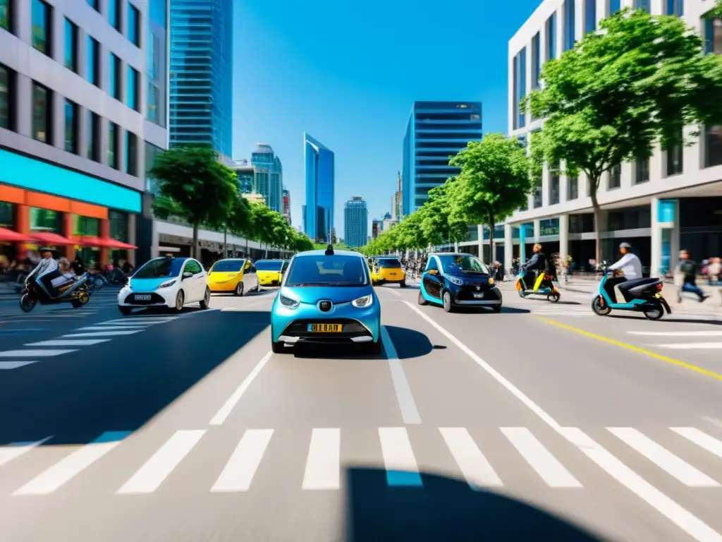 Una bulliciosa calle de la ciudad con autos eléctricos y híbridos estacionados, peatones cruzando y una vista urbana moderna