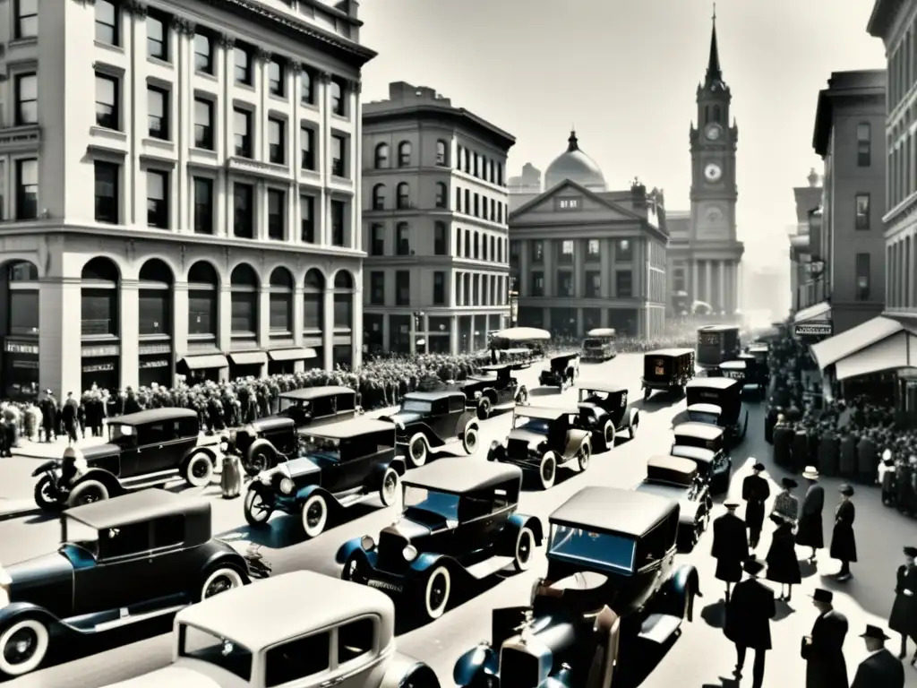 Una bulliciosa calle de la ciudad en blanco y negro, con autos antiguos y coches de caballos, ilustrando el origen y evolución del seguro automotriz