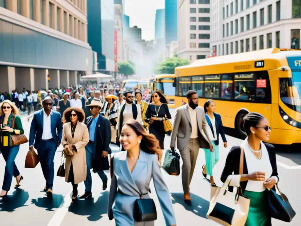 Una bulliciosa calle de la ciudad muestra la diversidad de la moda global, con personas de diferentes culturas y estilos