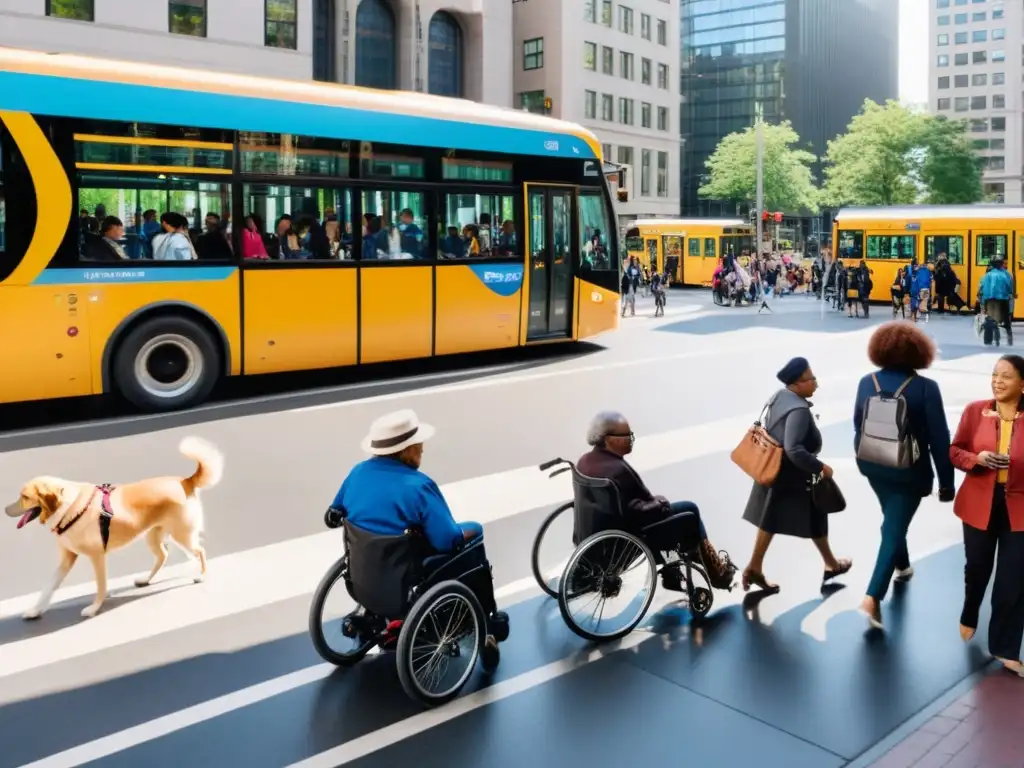 Una bulliciosa calle de la ciudad con diversidad de personas, destacando la accesibilidad en transporte público para todos