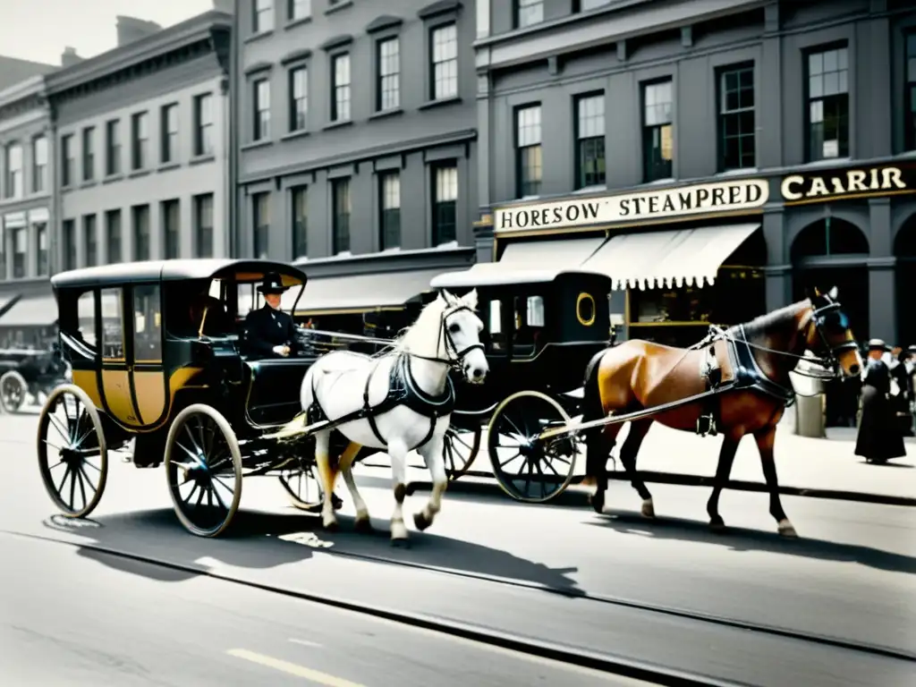 Una bulliciosa calle de la ciudad de finales del siglo XIX, con carruajes de caballos y primeros vehículos a vapor, ilustrando la evolución de los medios de transporte de manera elegante y nostálgica